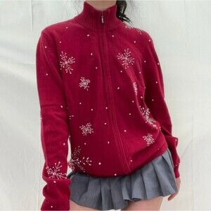Norm Thompson Beaded Snowflake Zip Front Cotton Cardigan Sweater Red Size L